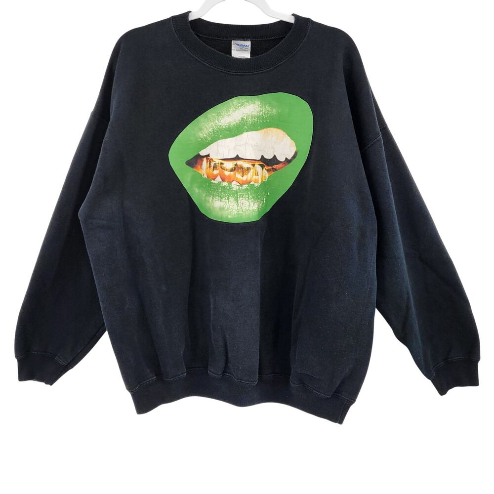 R Max Clothing Black Crewneck Sweatshirt Graphic Green Lips Gold Grill Men's XL